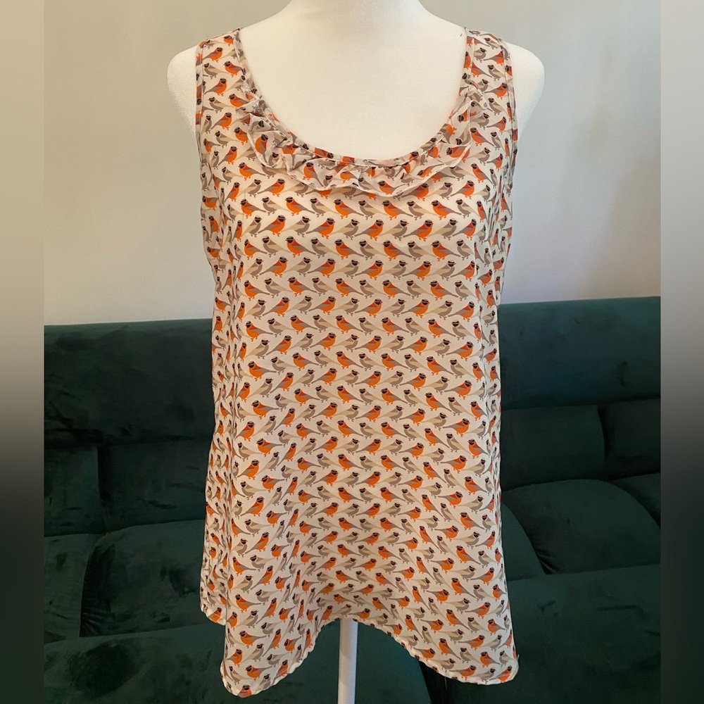 Adorable, classy, bird ruffled satin tank top